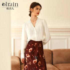 OLrain欧芮儿法式v领衬衫女春季2025年新款气质荷叶边蕾丝边上衣