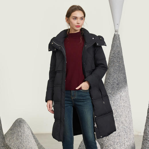 半身缘女装 冬季修身时尚拼色收腰连帽长款羽绒服244313M01713312 商品图1