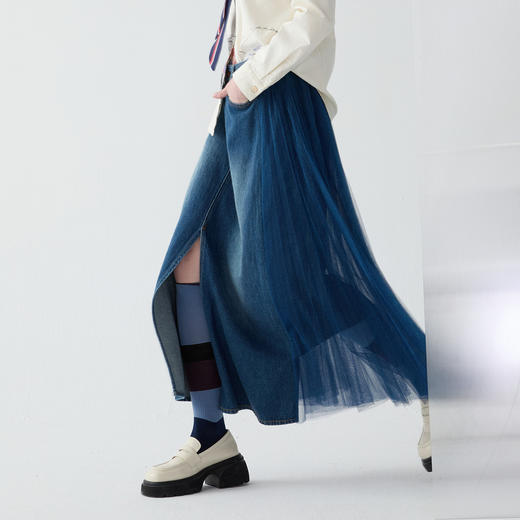 谜底牛仔拼接网纱半身裙2025春新品复古文艺宽松中长裙251MB0035 商品图1