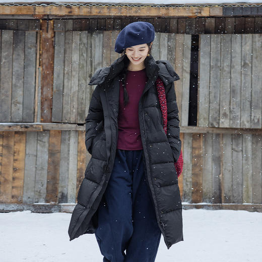 绽放886朵/飒美羽绒服90白鹅绒女系带连帽过膝长款石墨烯保暖外套 商品图1