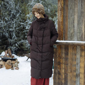 绽放868朵/冬季95白鹅绒中式盘扣磨砂质感立领长款中空纱羽绒服