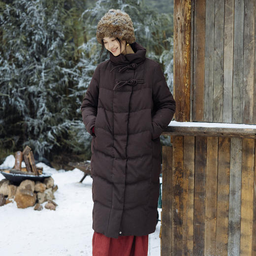 绽放868朵/冬季95白鹅绒中式盘扣磨砂质感立领长款中空纱羽绒服 商品图0