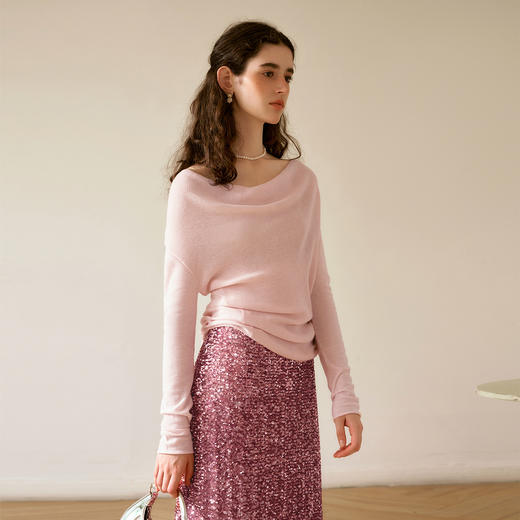OLrain欧芮儿法式粉色针织衫女冬季2024年新款设计感气质荡领上衣 商品图2