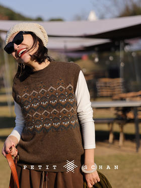 沙漠绿洲 针织半高领卷边费尔岛提花背心