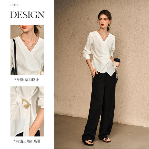 OLrain欧芮儿法式白色雪纺衫女冬季2024年新款通勤收腰抽褶衬衣 商品图1