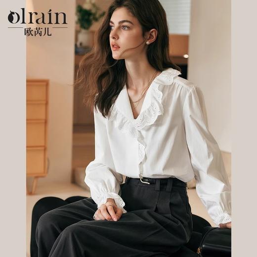 OLrain欧芮儿法式蕾丝衬衫女冬季2024年新款气质通勤木耳边领衬衣 商品图0