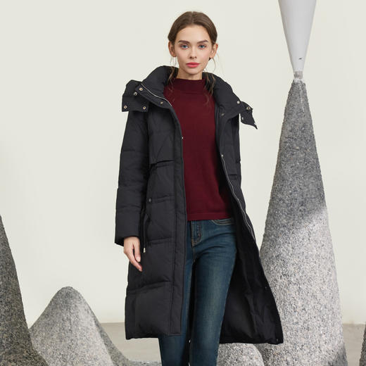 半身缘女装 冬季修身时尚拼色收腰连帽长款羽绒服244313M01713312 商品图0