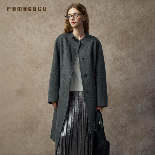 Famecoco范可儿文艺气质高级羊驼毛无领大衣FAC8AQ005 商品图1