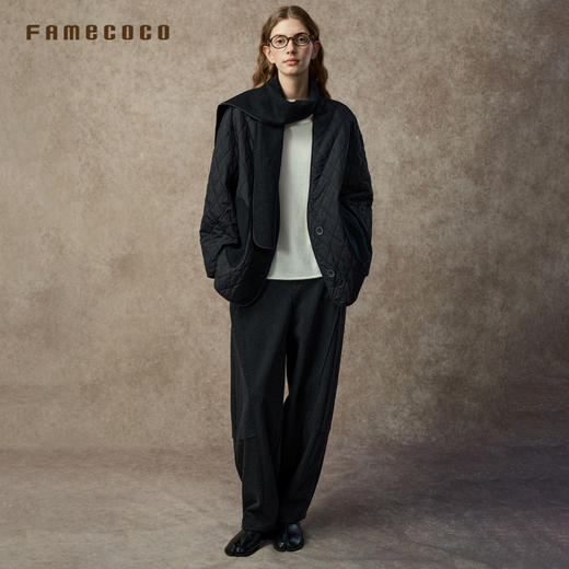 Famecoco范可儿菱格纹V领宽松休闲无领轻薄棉服外套FAC8AE002 商品图4