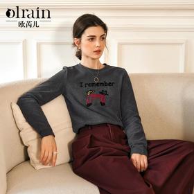 OLrain欧芮儿灰色长袖T恤女冬季2024年新款重工刺绣猫咪圆领上衣