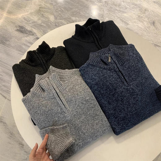 出口欧美！保暖有型！2024秋冬加绒加厚半拉链半高领针织毛衣男！ 商品图0