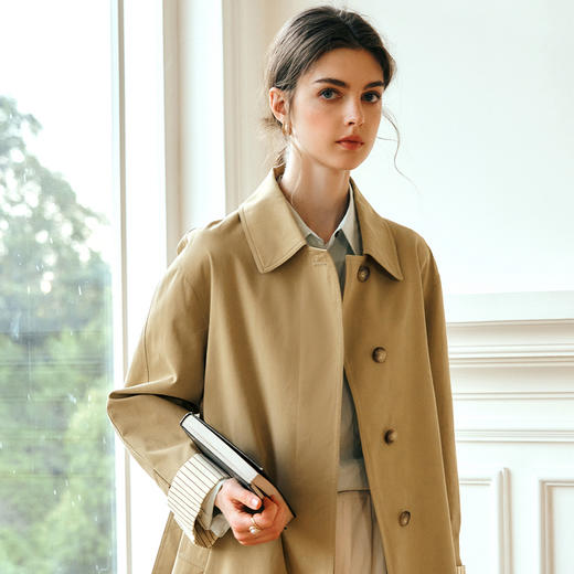 OLrain欧芮儿卡其色风衣女冬季2024新款简约撞色小个子中长款外套 商品图3
