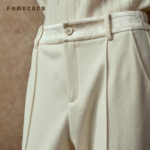 Famecoco精纺羊毛宽松阔腿裤显瘦立体剪裁腰头提花拼接FAC8GA010 商品图2