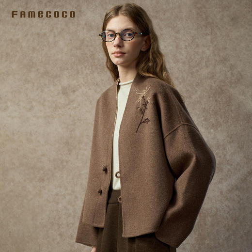 Famecoco范可儿中式刺绣双面毛呢短外套两面穿FAC8AS001 商品图1