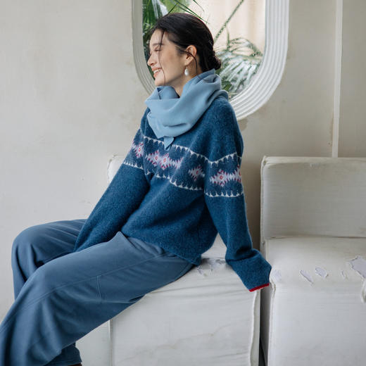 绽放旅行女装825朵/秋冬羊驼羊毛经典圆领撞色提花保暖套头毛衣 商品图2
