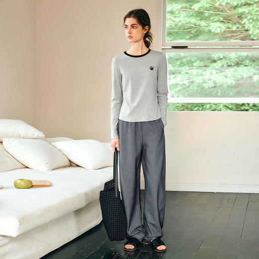 OLrain欧芮儿灰色高腰休闲裤女春季2025年新款通勤橡筋腰阔腿长裤 商品图6