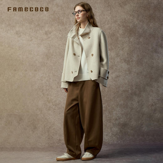 Famecoco范可儿斜纹提花宽松落肩短款毛呢大衣FAC8AS005 商品图2