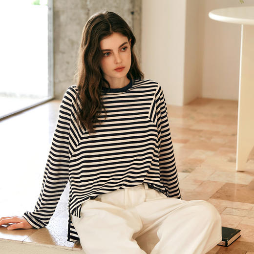OLrain欧芮儿黑白条纹T恤女冬季2024年新款百搭休闲长袖套头衫 商品图4