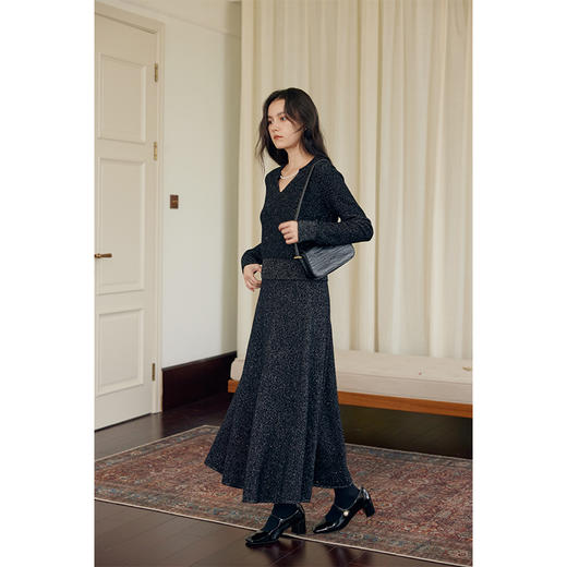 HeyDress珠片针织半身裙女冬季法式复古羊毛黑色a字优雅显瘦裙子 商品图3