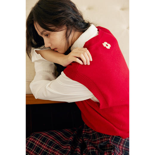 HeyDress羊毛针织马甲女冬季红色复古圆领宽松保暖短款百搭背心 商品图0