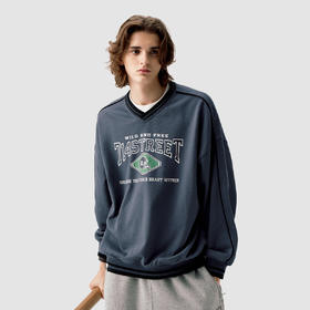 714street学院风撞色抓绒V领卫衣男2025春季新款宽松落肩套头毛衣