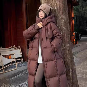 丁摩 大被子过膝羽绒服女连帽加厚飘带长款外套ZCZO