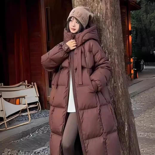 丁摩 大被子过膝羽绒服女连帽加厚飘带长款外套ZCZO 商品图0