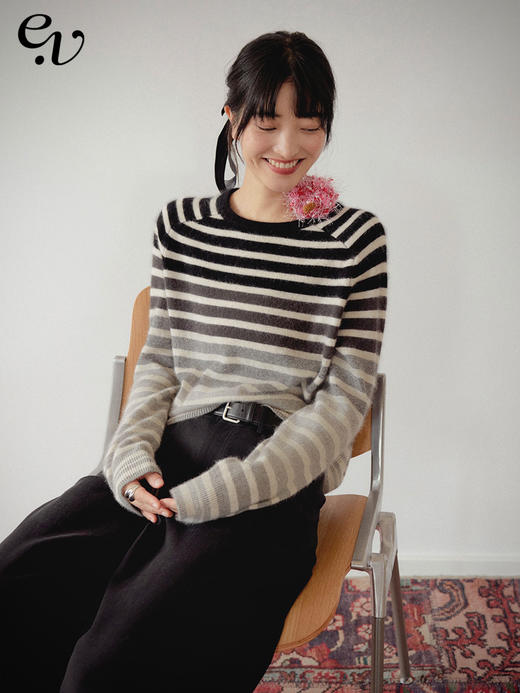 【现货】Even Vintage|经典活力 浣熊绒羊毛混纺短款宽松版撞色细条纹毛衣 商品图0