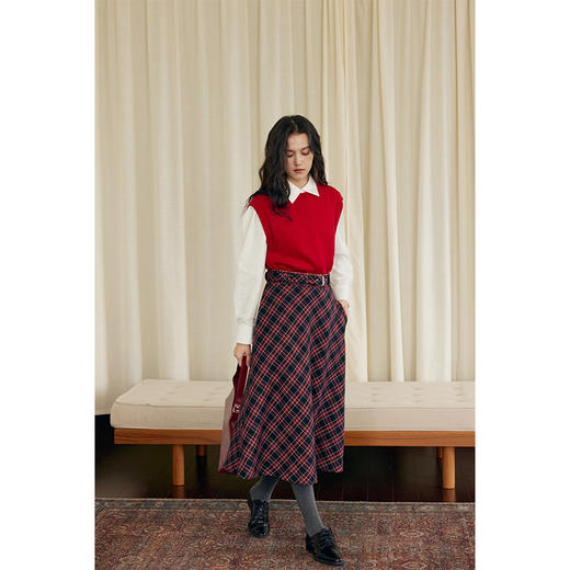 HeyDress羊毛针织马甲女冬季红色复古圆领宽松保暖短款百搭背心 商品图3