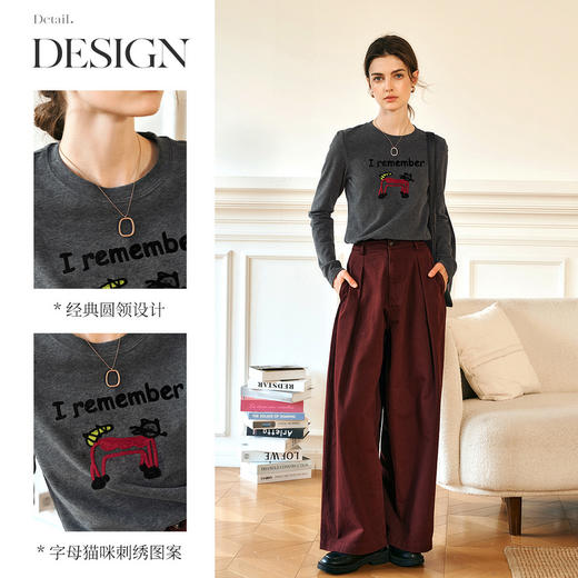 OLrain欧芮儿灰色长袖T恤女冬季2024年新款重工刺绣猫咪圆领上衣 商品图4