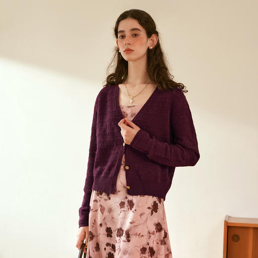 OLrain欧芮儿酒红色镂空针织衫女冬季2024年新款法式V领针织开衫 商品图3