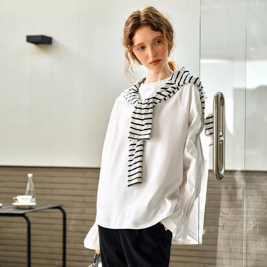 OLrain欧芮儿白色长袖衬衫女春季2025年新款设计感慵懒风拼接上衣 商品图1