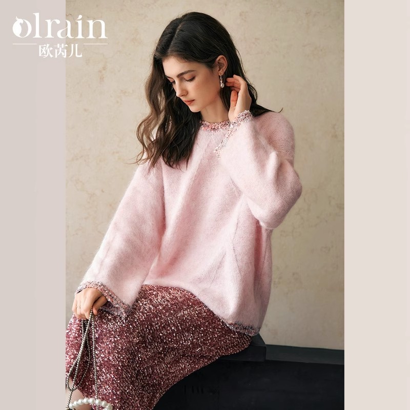 OLrain欧芮儿法式套头毛衣女冬季2024年新款粉色磨毛慵懒风针织衫