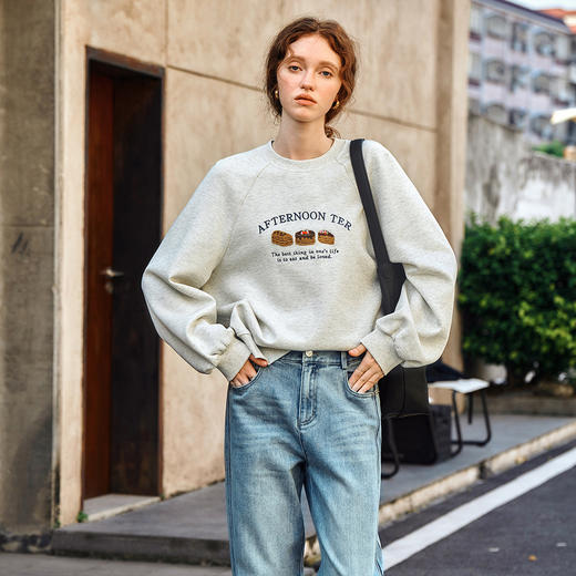 OLrain欧芮儿花灰色休闲卫衣女春季2025新款复古宽松圆领套头上衣 商品图3