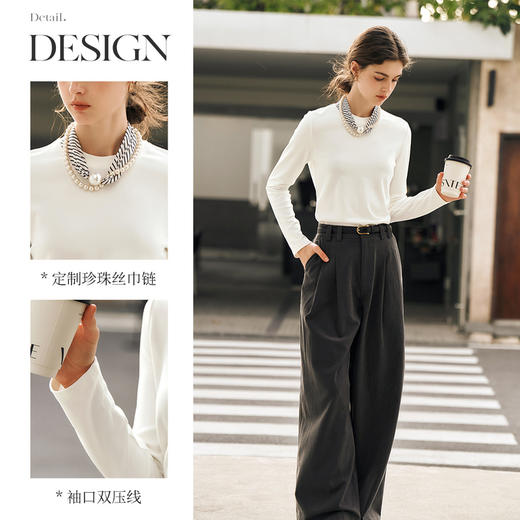 OLrain欧芮儿白色长袖T恤女冬季2024年新款通勤百搭珍珠丝巾上衣 商品图4