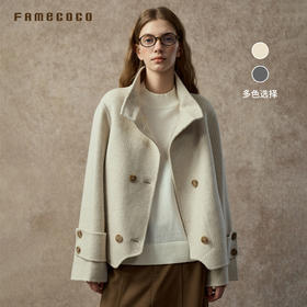 Famecoco范可儿斜纹提花宽松落肩短款毛呢大衣FAC8AS005