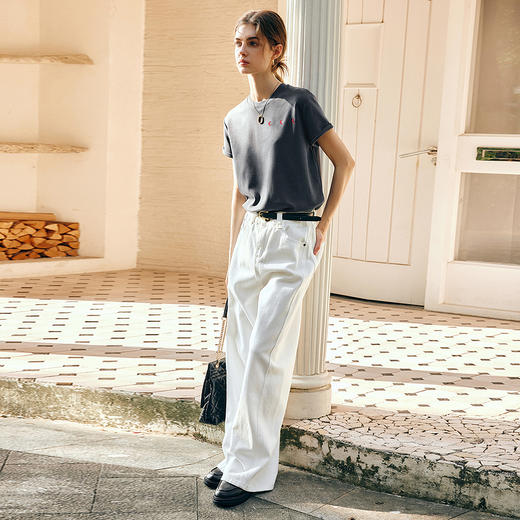 OLrain欧芮儿灰色短袖T恤女春季2025新款高级感通勤趣味刺绣上衣 商品图4