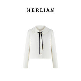 H2ESCOA079WH可拆卸蝴蝶结装饰娃娃领粗花呢外套