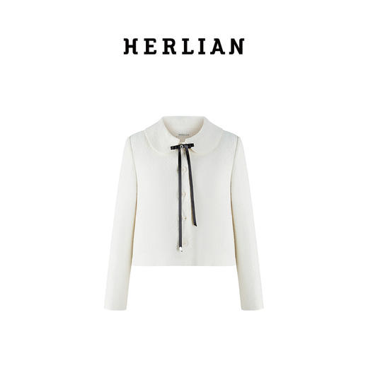 H2ESCOA079WH可拆卸蝴蝶结装饰娃娃领粗花呢外套 商品图0