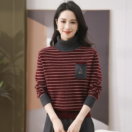 CC-101-35470秋冬季新款时尚条纹毛衣女洋气减龄半高领针织打底衫宽松上衣 商品图3