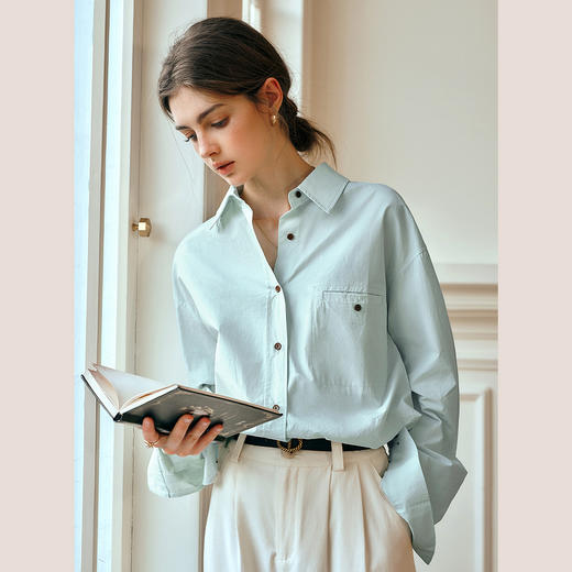 OLrain欧芮儿长袖衬衫女春季2025年新款休闲通勤风宽松一字袋衬衣 商品图4