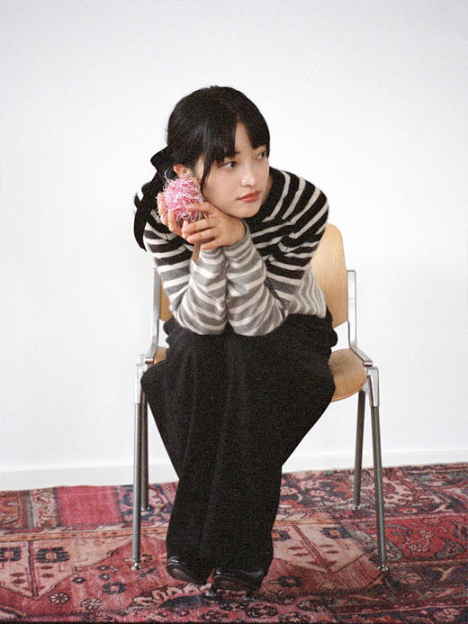 【现货】Even Vintage|经典活力 浣熊绒羊毛混纺短款宽松版撞色细条纹毛衣 商品图2