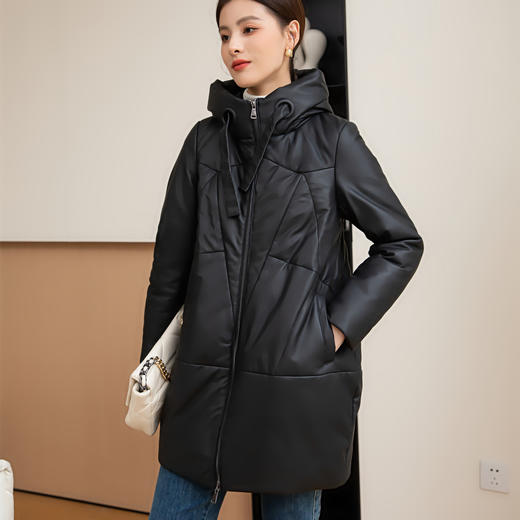 丁摩 真皮羽绒服女绵羊皮中长款连帽加厚外套9811 商品图0