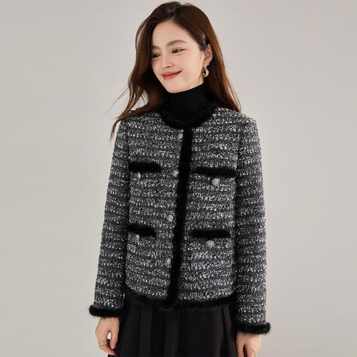 【高货sh】全新升级【铂金会员367/天猫489/差价122】(41808)洛诗琳秋冬小香风羊毛粗花呢水貂毛拼接白鸭绒羽绒服外套 商品图2