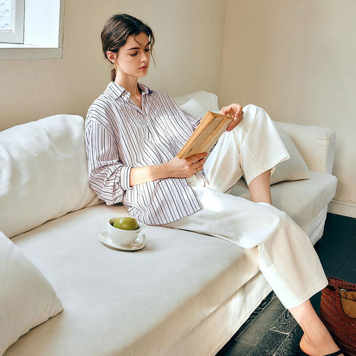 OLrain欧芮儿条纹长袖衬衫女春季2025年新款通勤百搭别致翻领衬衣 商品图3