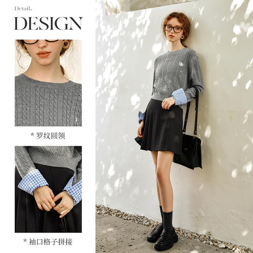 OLrain欧芮儿灰色套头毛衣女春季2025年新款拼接通勤圆领针织上衣 商品图2