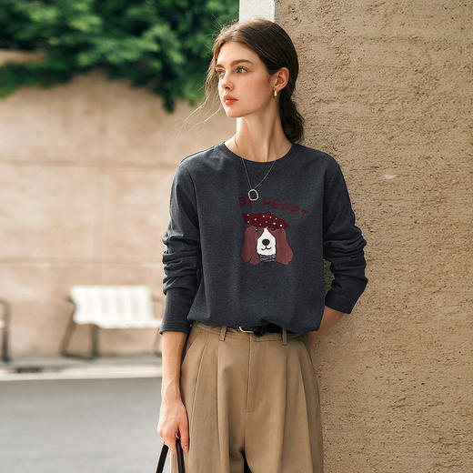 OLrain欧芮儿灰色长袖T恤女春季2025年新款趣味印花圆领休闲上衣 商品图1