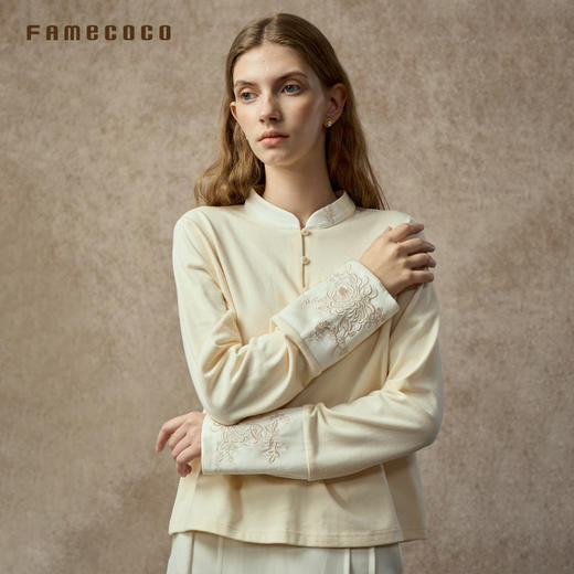 Famecoco范可儿新中式小立领弹力针织丝肤绒打底衫FAC8BB008 商品图1