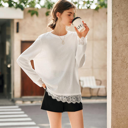 OLrain欧芮儿法式白色T恤女春季2025年新款设计感拼接蕾丝上衣 商品图1