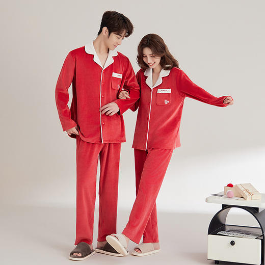 【秋冬挚爱❗️情侣海岛绒睡衣套装】软糯轻盈，触感细腻❗️新款加厚刺绣开衫气可外穿洋气大码家居服长袖长裤两件新年马年本命年大红色 商品图4